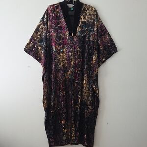 Diamond Tea Black Gold Paisley Print Velvet Caftan Maxi Tunic Dress XL
